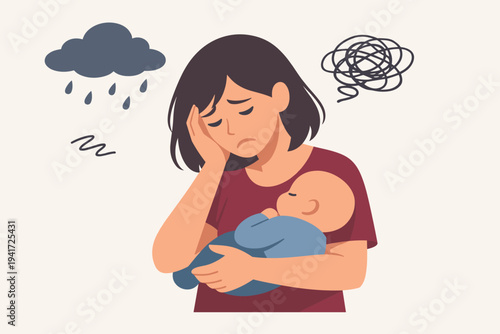 Vector illustration of a sad mother holding her sleeping baby, depicting postpartum depression, anxiety, and mental health struggles with symbolic rain clouds and tangled thoughts icons.