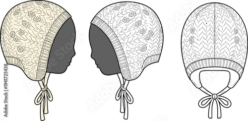 Baby Knit Bonnet Technical Sketch, Floral Pattern Winter Hat Flat Vector Illustration