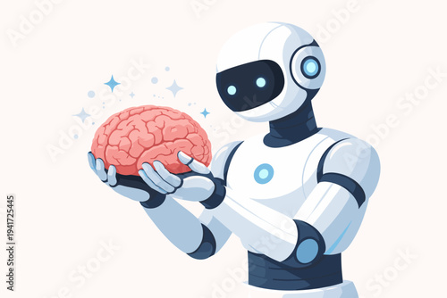 Vector Illustration of a White Robot Holding and Examining a Human Brain, Symbolizing Artificial Intelligence, Machine Learning, Cognitive Science, Future Technology, and Human-Machine Interaction