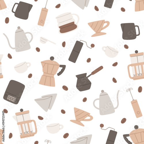 Pattern with devices for different coffee brewing methods. Vector seamless texture in cartoon flat style. Pour-over, geyser coffee maker, french press, cezve. Equipments for coffee making. Template fo