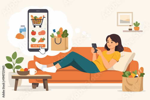 Vector illustration of a woman relaxing on a sofa at home using a smartphone app to order groceries and fresh food online for delivery, featuring a mobile shopping interface and grocery bags.