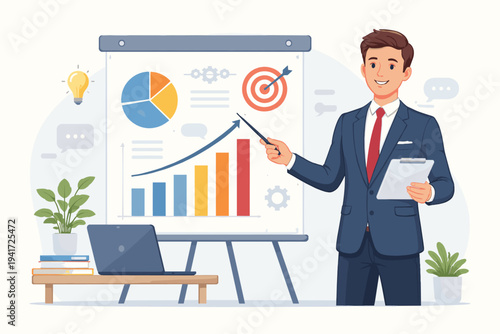 Young professional businessman in a suit presenting a strategic business plan on a flipchart with data charts, growth graphs, and a target icon, flat vector illustration for corporate success.