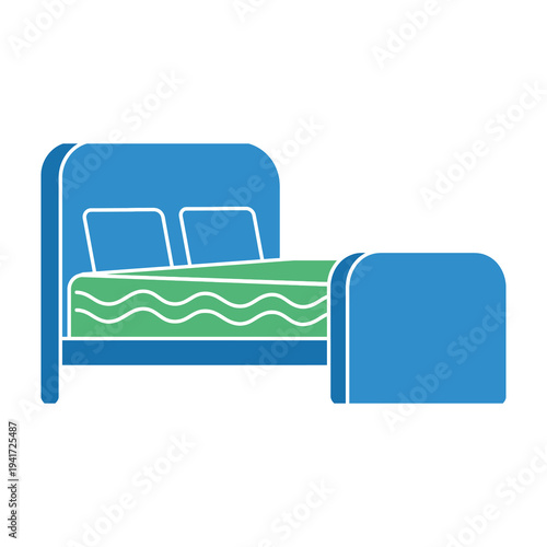 Blue bed with green mattress and nightstand illustration