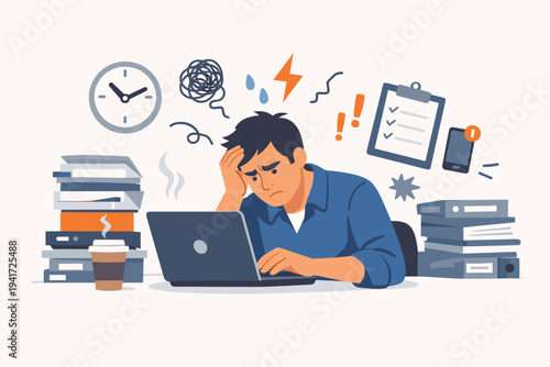 Stressed and overworked man sitting at a desk with a laptop, surrounded by piles of documents, a clock, and symbols of pressure, burnout, and deadlines in a clean flat vector illustration style.