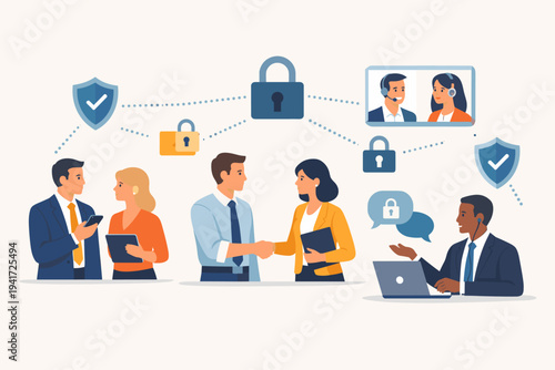 Business Professionals and Clients Engaging in Secure Communication and Data Protection with Cybersecurity Icons like Padlocks and Shields, Flat Vector Illustration of Corporate Collaboration