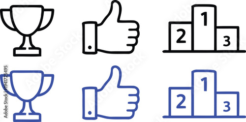 A set of six icons depicting trophies and ranking symbols