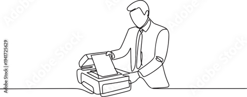 Man copying and scanning documents. Banking Activity concept. one line art icon drawing vector