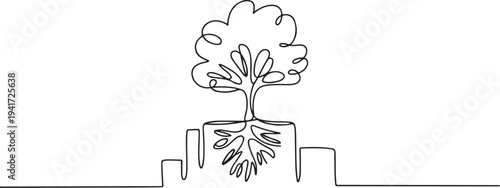 Planting tree in city concept. one line art icon drawing vector