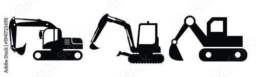Excavator Icon Set – Construction Digger Machine, Heavy Equipment Vector Symbol