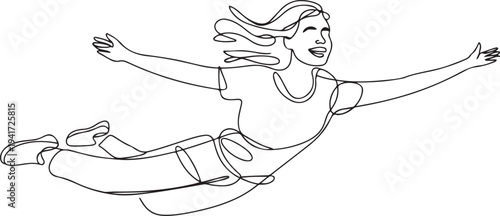Freedom Woman Tourist Wearing Casual Clothing On Zip Line. Travel experience concept. one line art icon drawing vector