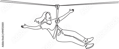 Freedom Woman Tourist Wearing Casual Clothing On Zip Line. Travel experience concept. one line art icon drawing vector