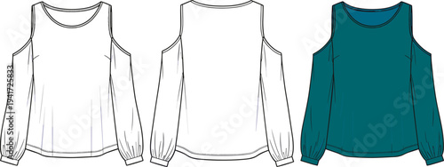 Cold Shoulder Long Sleeve Blouse Technical Fashion Flat Sketch Illustration