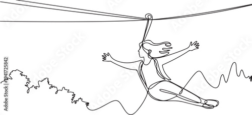 Freedom Woman Tourist Wearing Casual Clothing On Zip Line. Travel experience concept. one line art icon drawing vector