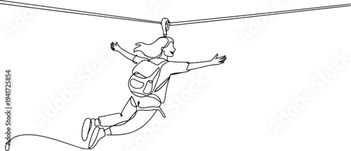 Freedom Woman Tourist Wearing Casual Clothing On Zip Line. Travel experience concept. one line art icon drawing vector