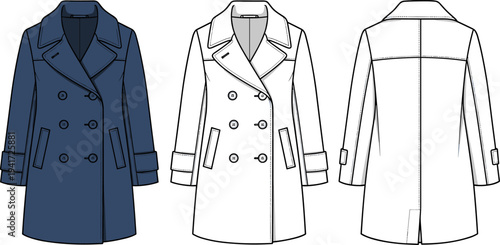 Double Breasted Pea Coat Technical Fashion Sketch, Navy and White Flat Vector Illustration