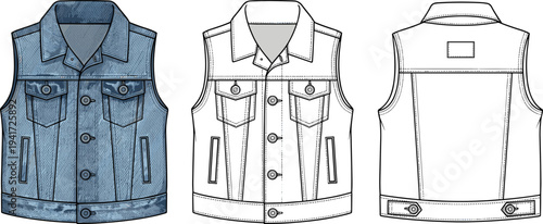 Denim Vest Technical Sketch, Blue Jean Sleeveless Jacket Flat Vector Illustration