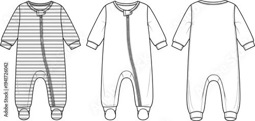 Flat Fashion Technical Sketch of Baby Long Sleeve Striped Pajamas and Onesie Sleeper Template
