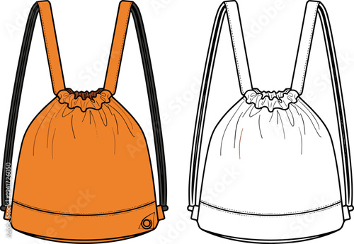 Flat Fashion Technical Sketch of Drawstring Backpack Gym Bag and Cinch Sack Mockup Illustration