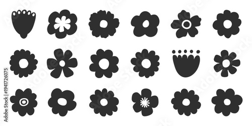 Minimal black flower silhouette set with simple retro shapes. Decrative floral botanical icons on white background. Simple abstract illustration for logo, pattern, design, stencil