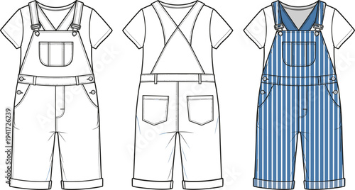 Flat Fashion Technical Sketch of Kids Denim Overalls and Striped Dungarees with T-Shirt Set
