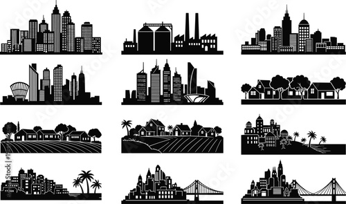 Collection of diverse black and white city and village silhouettes on a white background Keywords: city, skyline, village