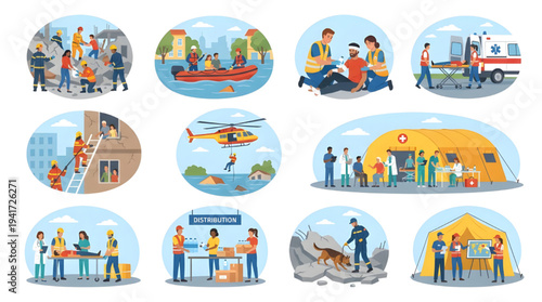 Disaster Rescue and Emergency Response Team Vector Illustration Set