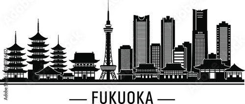 Fukuoka City Skyline Silhouette with Traditional Pagodas and Modern Buildings cityscape Japan