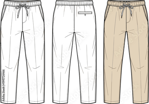 Flat Fashion Technical Sketch of Men's Drawstring Jogger Pants and Chino Trousers Template