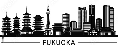 Fukuoka Japan Skyline Silhouette With Pagodas And Modern Buildings city