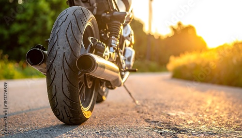 Rear motorcycle wheel and exhaust on asphalt road, backlighted by bright sun, green foliage background