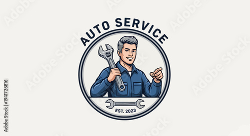Auto Service Mechanic Holding Wrench Ready to Work.