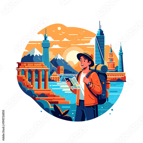 A vibrant illustration of a young male traveler with a backpack and map, exploring a diverse landscape featuring iconic global landmarks and natural scenery under a warm sky.