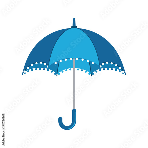 A blue umbrella with a white dotted trim
