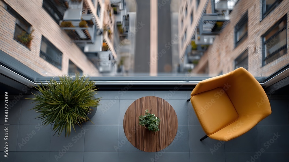 Fototapeta premium A modern balcony furnished with a yellow chair and plants offering an aerial view of a city street
