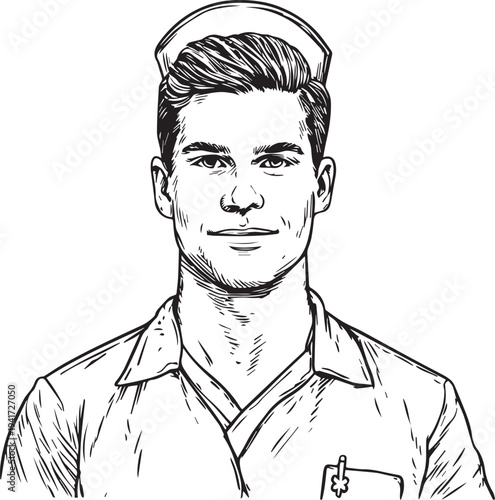 Hand Drawn Man as Nurse Black and White Avatar Illustration in Minimal Line Art Style Design