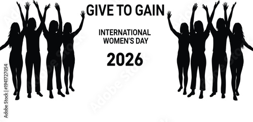 International Women’s Day 2026 celebration banner with cheering women silhouettes empowerment equality feminism support unity motivation vector illustration