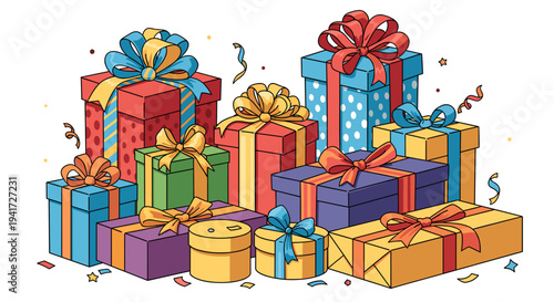 A vibrant collection of beautifully wrapped gift boxes adorned with colorful ribbons and bows, scattered with confetti, evoking a festive and celebratory atmosphere.