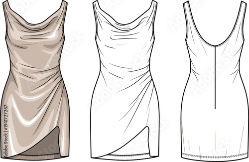 Flat Fashion Technical Sketch of Women's Cowl Neck Satin Mini Dress and Wrap Slip Mockup