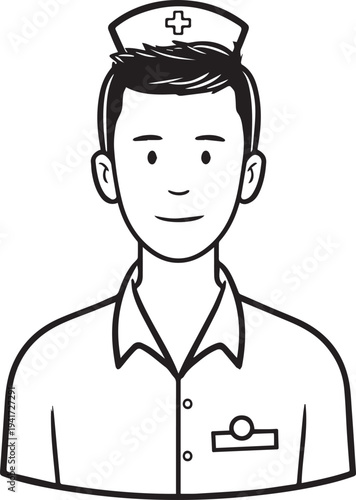 Hand Drawn Man as Nurse Black and White Avatar Illustration in Minimal Line Art Style Design