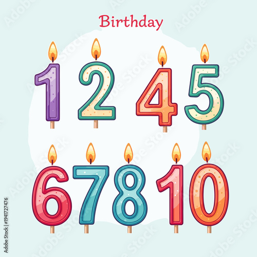 A vibrant collection of cartoon-style birthday candles shaped like numbers from one to ten, each with a lit flame, on a light background.