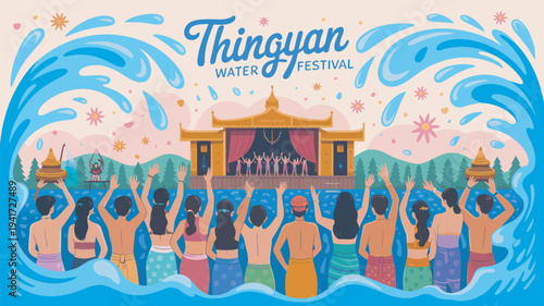A vibrant illustration of people celebrating the Thingyan Water Festival with a stage and water splashes