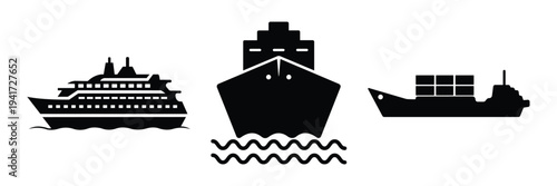 Cargo Ship Icon Set – Cruise Liner, Oil Tanker, Maritime Transport Vector