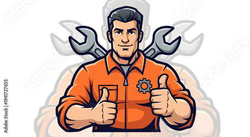Confident Mechanic with Thumbs Up and Wrenches.