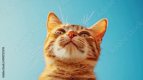 A vibrant orange tabby cat looks upwards against a bright, clear, blue sky