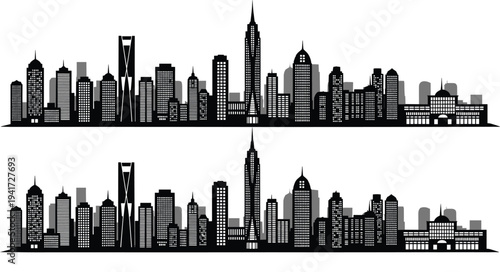 Twin Black Silhouettes of a Modern City Skyline with Tall Skyscrapers cityscape