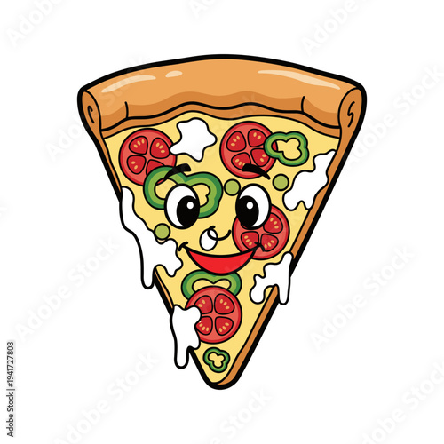 A cartoon slice of pizza with a smiling face
