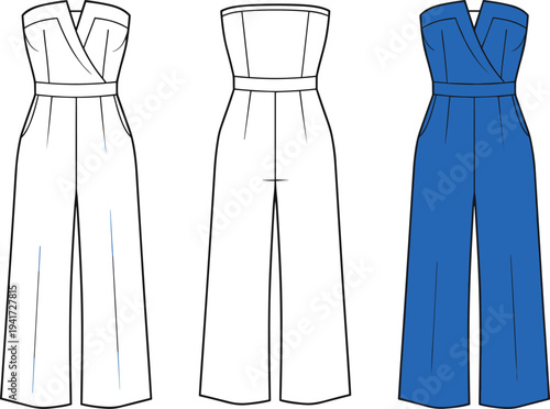 Flat Fashion Technical Sketch of Women's Strapless V-Neck Jumpsuit and Wide Leg Romper Template