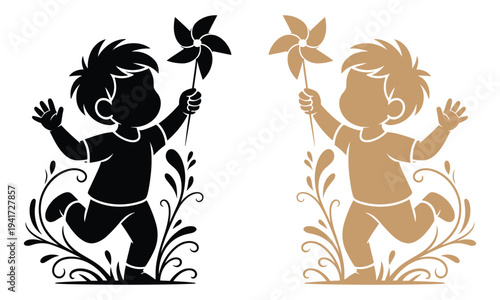 Joyful child holding a pinwheel toy running in nature with decorative plants