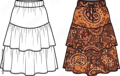 Flat Fashion Technical Sketch of Women's Tiered Maxi Skirt with Paisley Boho Print Template