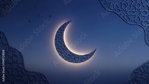 Crescent moon illuminated against dark blue background with patterned borders